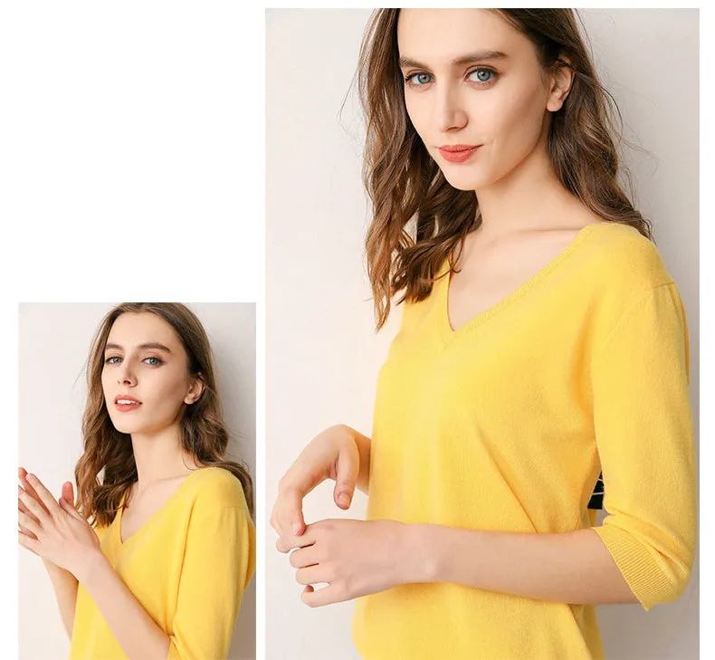 V Neck Short Sleeve Shirt Top - Yellow