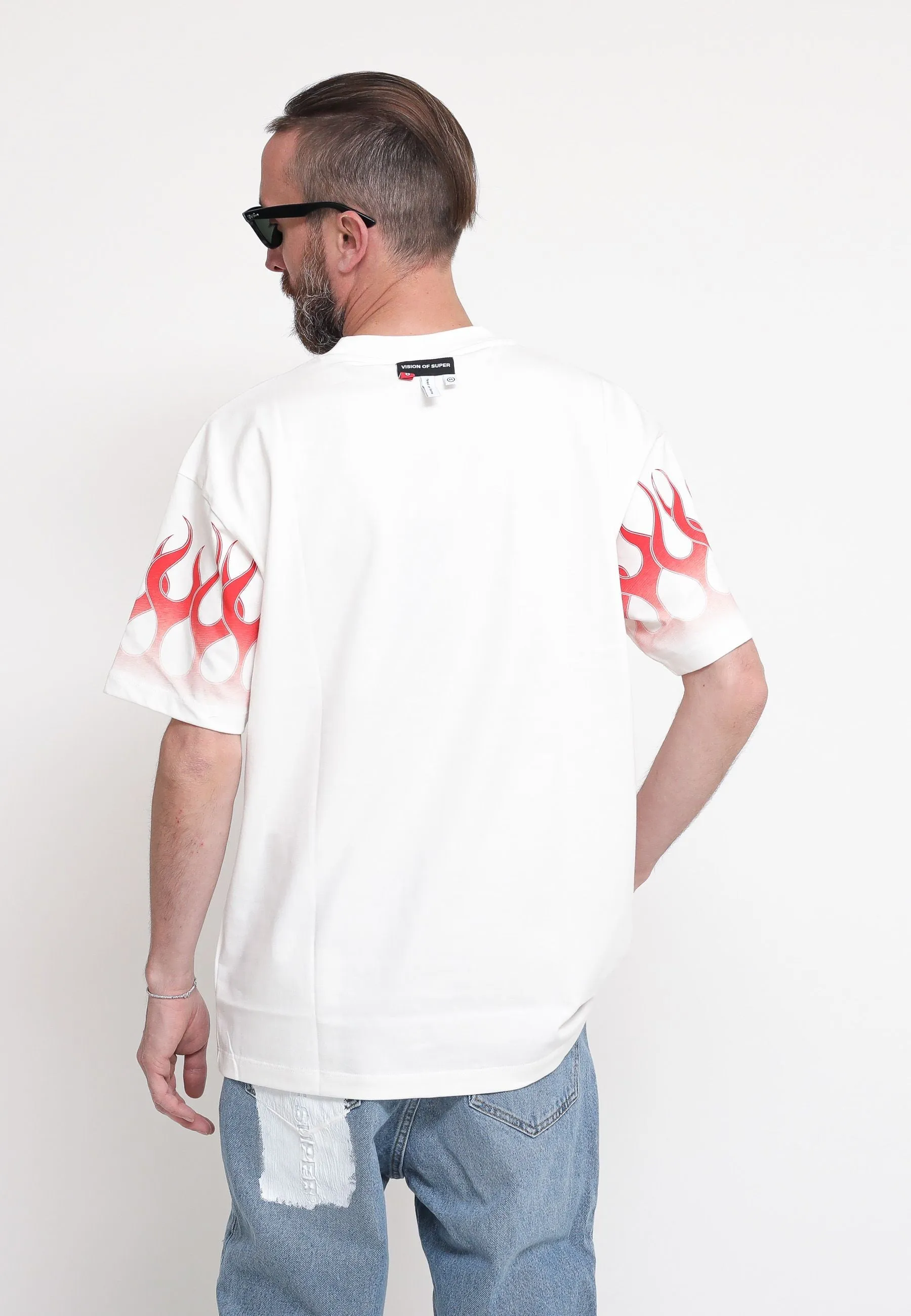 White T-Shirt Whit Red Flames