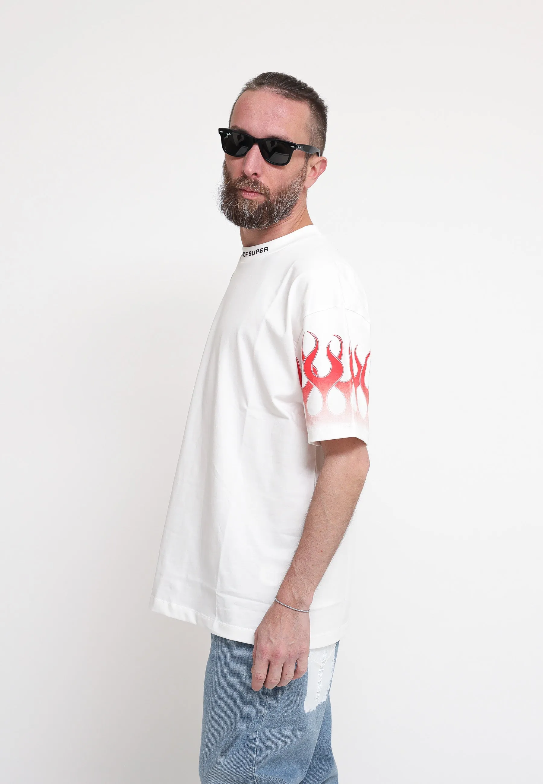 White T-Shirt Whit Red Flames