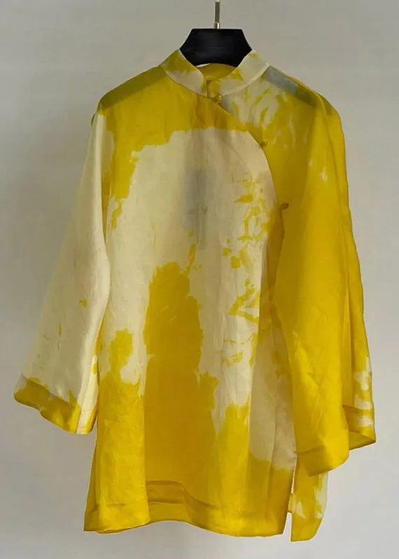 Women Yellow Stand Collar Button Cotton Shirt Long Sleeve QA1084