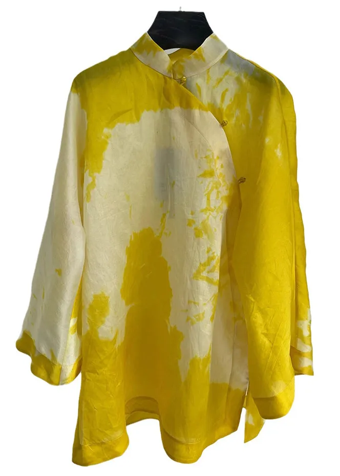 Women Yellow Stand Collar Button Cotton Shirt Long Sleeve QA1084