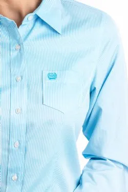 WOMEN'S TENCEL LIGHT BLUE MICRO STRIPE BUTTON-UP SHIRT