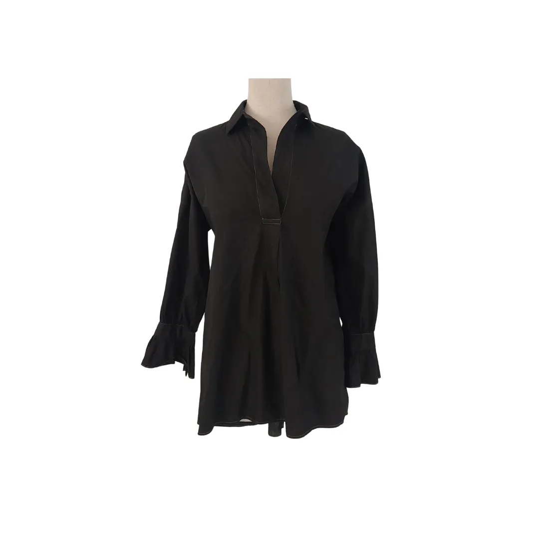 ZARA Black V-neck Collared Blouse | Gently Used |